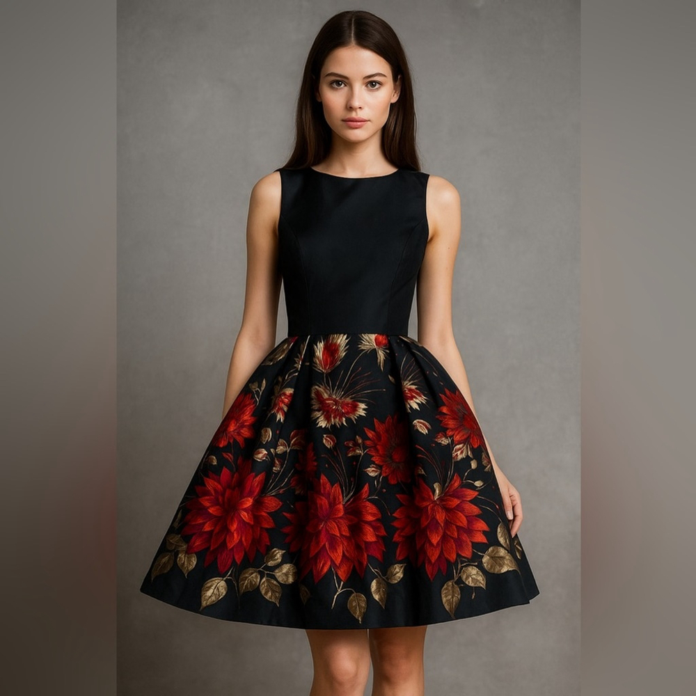 Wayne Clark Black Floral Cocktail Dress Size 4 
full skirt - Picture 2 of 8